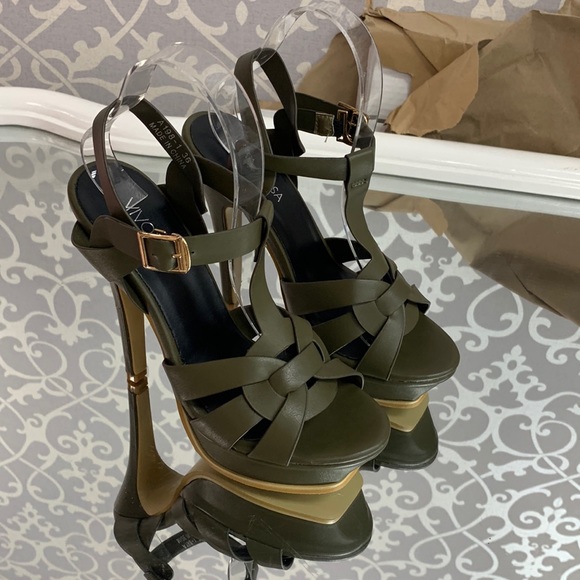 vivorosa Shoes - Open Toe Stiletto Platform Sandals knot detail in Green Faux Leather